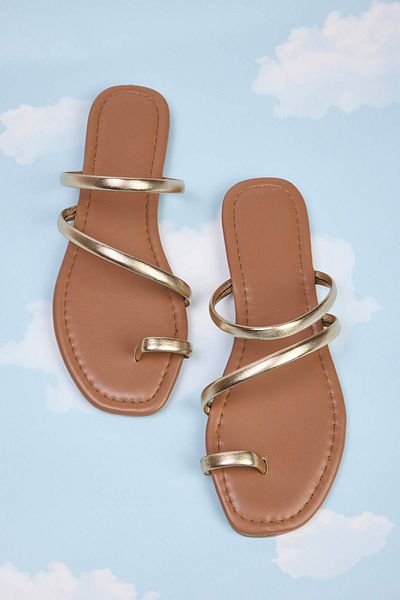 TRENDYOL SHOES Metallic Gold Thin Band Women Stylish Slippers Takss25Te00045