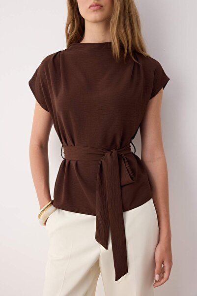 Trendyol Collection Καφέ Αμάνικη Ζώνη Πλεκτή Μπλούζα TWOAW26BZ00057