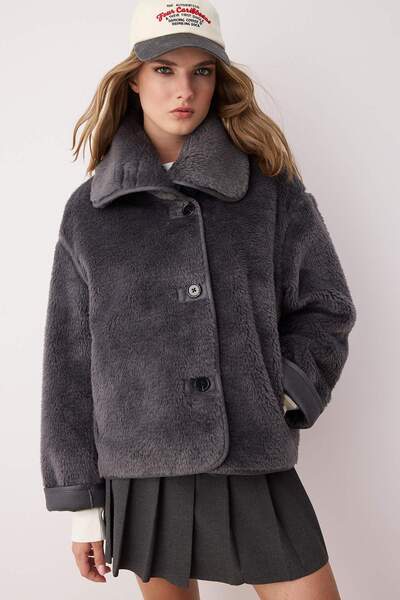 Trendyol Collection Antracit Oversize Forma plüss kabát TWOAW26MO00062