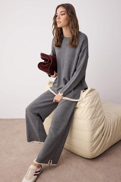 Trendyol Collection Anthracite Wide Fit Contrast Color Knitwear Bottom-Top Set Twoaw24Au00062