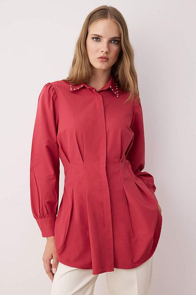 Trendyol Modest Dusty Rose Waist με μαργαριταρένια λεπτομέρεια υφαντό πουκάμισο TCTAW24TG00027