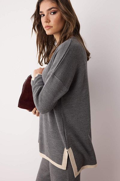 Trendyol Collection Anthracite Wide Fit Contrast Color Knitwear Bottom-Top Set Twoaw24Au00062