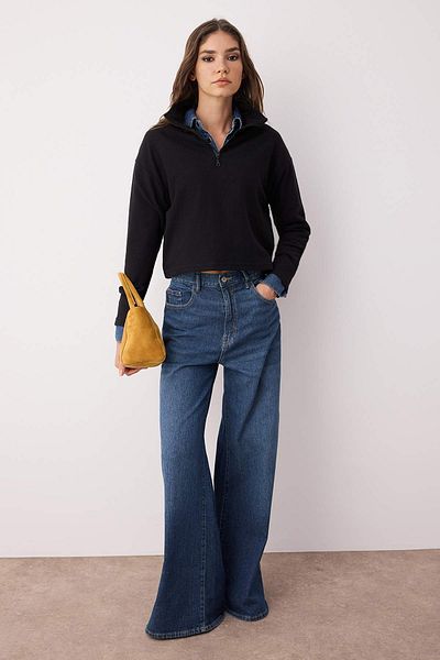 Trendyol Collection Черен плетен суитшърт Thessaloniki/Knitwear Look Zip Collar Regular/Regular Fit TWOAW22SW0732