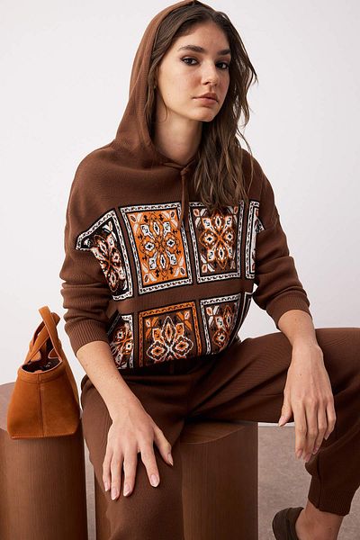 Trendyol Collection Brown Hooded Ethnic Pattern Knitwear Bottom-Top Set Twoaw25Au00063