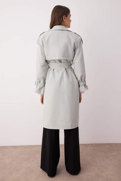 Trendyol Collection Beżowy, oversize, szeroki, wodoodporny, długi trencz z paskiem TWOSS21TR0005