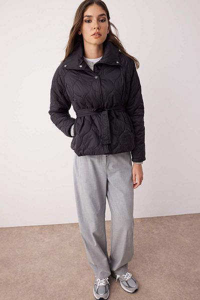Trendyol Collection Water Repellent Quilted Coat - Black, Belted, Regular Fit TWOAW25MO00162