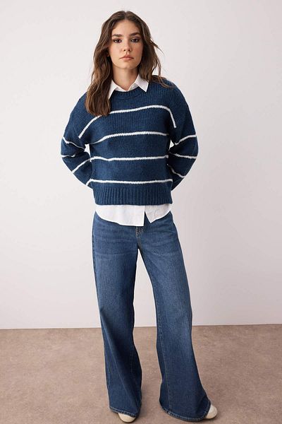 Trendyol Collection Navy Blue*001 Wide Fit Soft Textured Striped Basic Knitwear Sweater Twoaw23Kz00185