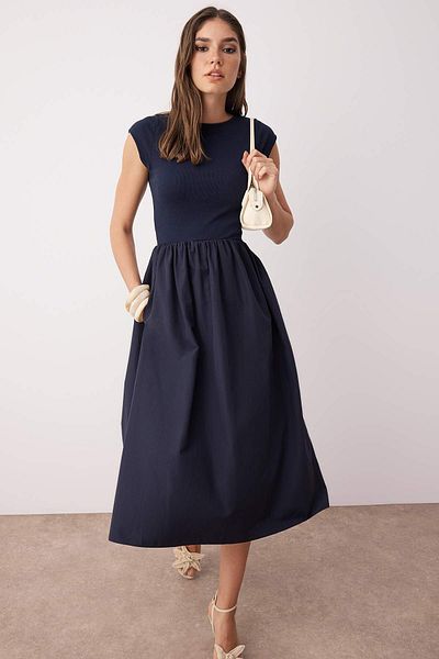 Trendyol Collection Navy Blue Top Stretch Ribbed Bottom Wide Terrycotton Contrast Woven Dress Twoss25El00873