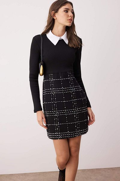 Trendyol Collection Czarna tweedowa tkana sukienka TWOAW21EL0454