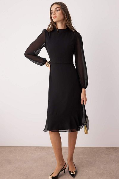 Trendyol Collection Black Midi Chiffon Dress - A-Line, Stand Collar, Lined, Winter - Twoaw20El1313