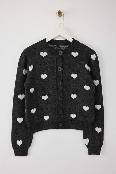 Trendyol Collection Anthracite Wide Fit Heart Pattern Soft Textured Knitwear Cardigan Twoaw26Hi00033