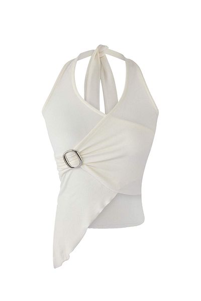 Trendyol Collection Bluză de petrecere din tricot din viscoză, fără mâneci, cu guler plat, alb TPRSS25BZ00048