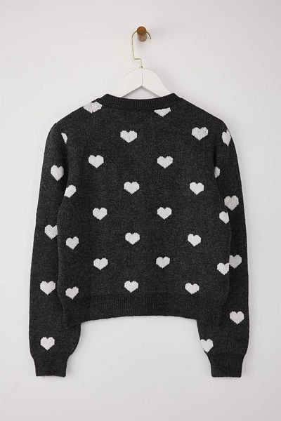 Trendyol Collection Anthracite Wide Fit Heart Pattern Soft Textured Knitwear Cardigan Twoaw26Hi00033