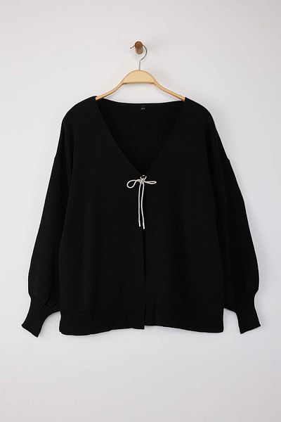 Trendyol Curve Black Bow/Ribbon Detailed Knitwear Cardigan Tbbaw26Av00011