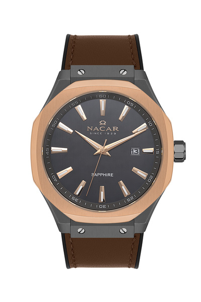 Nacar ساعة يد رجالية من زجاج الياقوت باللون البني NC34-29B684-EGL2