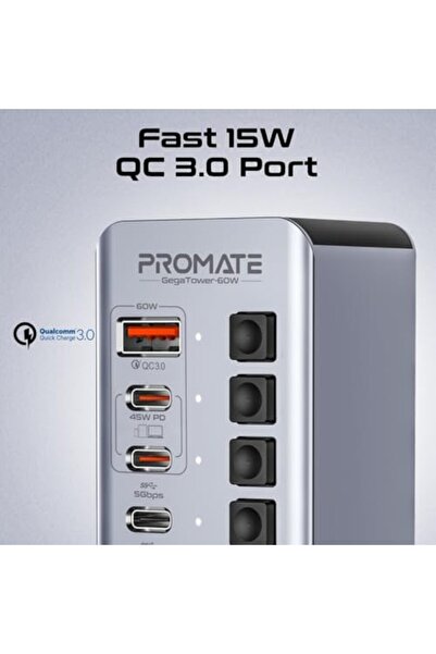Promate موزع برجي USB-C متعدد المنافذ 14 في 1 بقوة 60 وات، مع (3) منافذ USB-C™ بسرعة 5 جيجابت في الثانية، و4 منافذ USB-A™