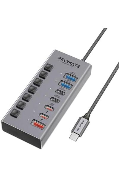 Promate موزع USB-C متعدد المنافذ 7 في 1، منفذي USB-C بسرعة 10 جيجابت في الثانية، منفذي USB-A بسرعة 10 جيجابت في الثانية، شحن سريع