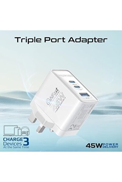 Promate 45W Power Delivery GaNFast™ Charger, Dual USB-C 45W Ports, and Quick Charge USB-A 22.5W Po
