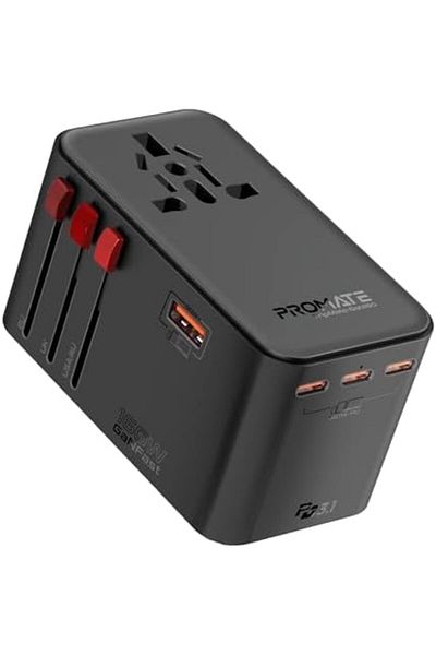 Promate محول سفر صغير الحجم بقوة 160 واط مع مقبس تيار متردد عالمي بقوة 2500 واط، وتقنية GaNFast™، وتقنية Triple PD