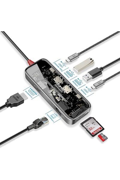 Promate موزع وسائط شفاف USB-C™، شاشة 4K ممتازة، مع HDMI، إيثرنت فائق السرعة 1000 ميجابت في الثانية،