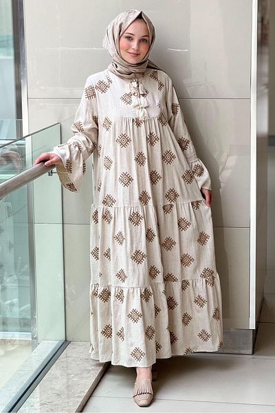 Ghisa Ethnic Pattern Embroidered Linen Dress