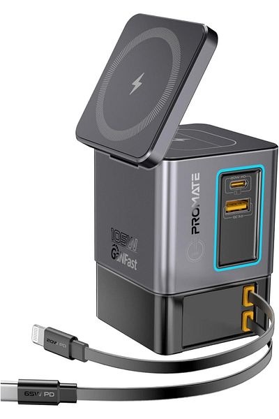 Promate محطة شحن GaNFast 6 في 1 مع إجمالي خرج 105 وات، وشاحن MagSafe اللاسلكي 15 وات، وشاحن Re 65 وات