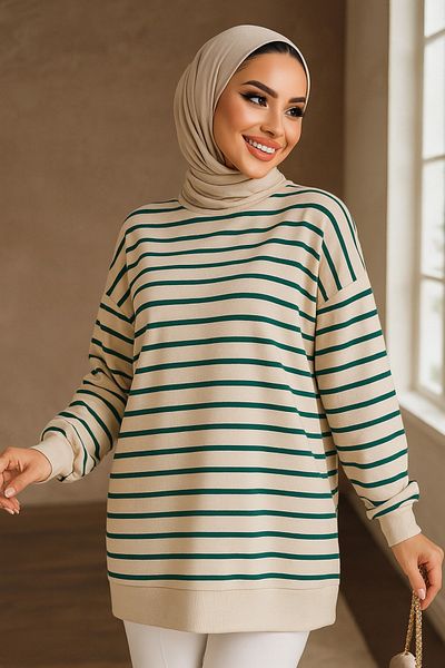 Neva Style تونيك حجاب مخطط باللون الأخضر - 30175Y