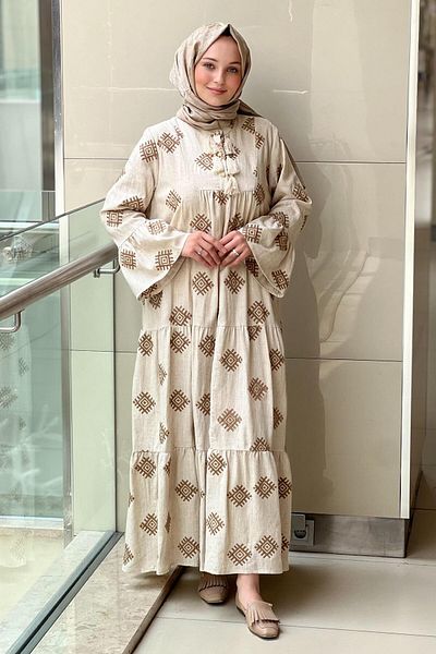 Ghisa Ethnic Pattern Embroidered Linen Dress