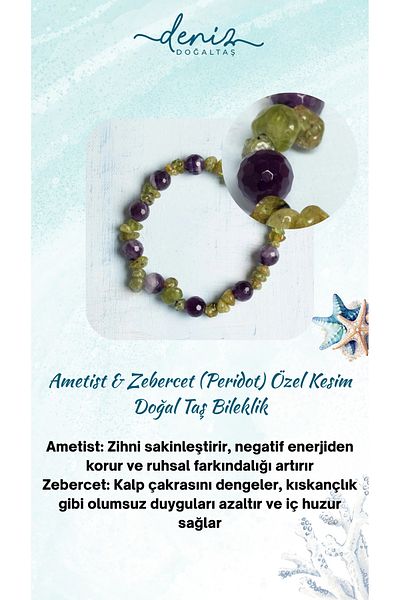 Deniz Doğal Taş Certified Amethyst and Zebercet (Peridot) Special Cut Natural Stone Bracelet