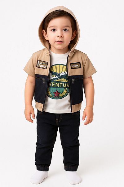 Uğur bebe “Boy's 3-Piece Set: Hooded Vest, Printed T-Shirt and Slim Fit Jeans (Last 1 Piece)