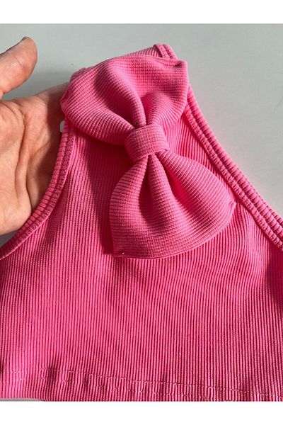 HEREN BUTİK Girl's Pink Bow One Shoulder Crop Blouse 100% Cotton Twill Stretch Fabric