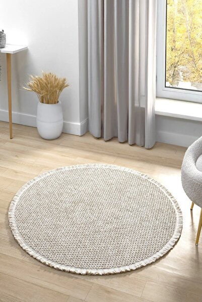 Eliz Home Bej Yuvarlak Yıkabilir Halı Salon Oturma Odası Mutfak Koridor Yollu...