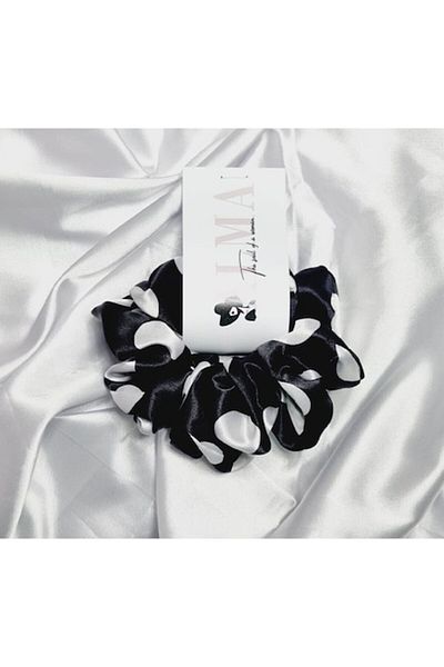 Alma Elastic de par XL din satin matasos delicat cu parul, Negru cu buline albe
