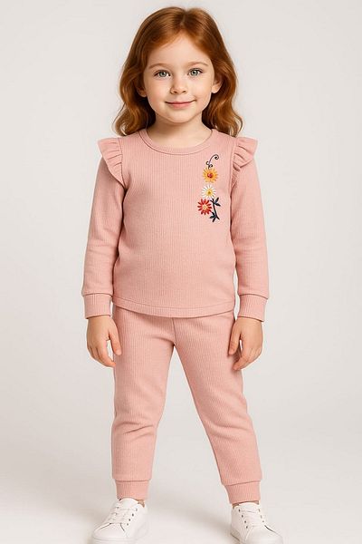 dinamik çocuk Waffle Fabric Floral Embroidered 2 Thread Seasonal Suit Set for 2-6 Years Old Girl