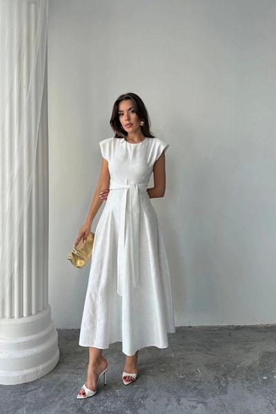 isez Jacquard Linen Padded Dress - White