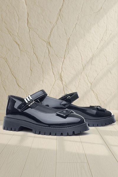 Rakerplus Black Patent Leather Thick Soled Velcro Girls' Ballerina School Shoes