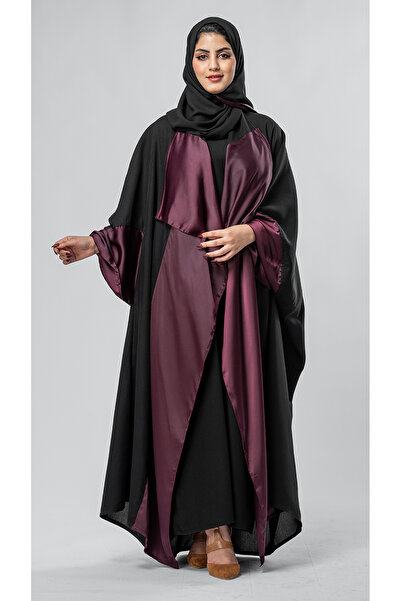 outline Black Qatari Abaya Bisht with Maroon Embroidery