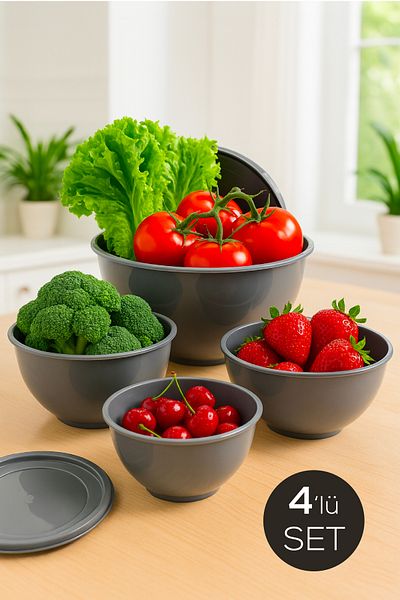 Vienev Set of 4 Round Bowls Anthracite |   1L, 1.5L, 2.3L, 3.3L |   Multi-Purpose Kitchen Storage Container with Lid