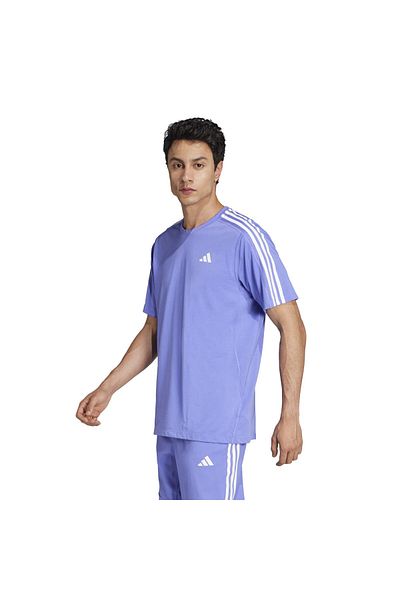 adidas Tricou albastru cu gât rotund pentru bărbați Own The Run 3 Stripes