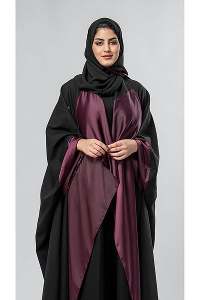 outline Black Qatari Abaya Bisht with Maroon Embroidery
