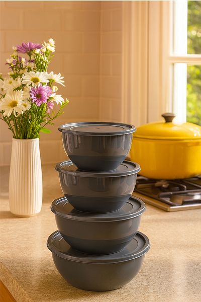 Vienev Set of 4 Round Bowls Anthracite |   1L, 1.5L, 2.3L, 3.3L |   Multi-Purpose Kitchen Storage Container with Lid