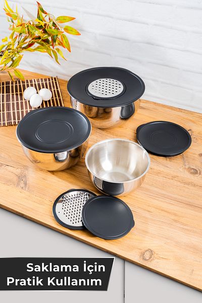 Homekolik 9 Piece 18/10 Stainless Steel Mixing Bowl and Storage Container Set – with Grater Head, 16-20-24 cm