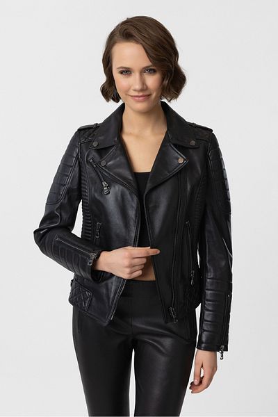 Deriderim Black Laney Biker Biker Femei Cu fermoar Căptușit Cusut Epaulete Palton scurt din piele naturală