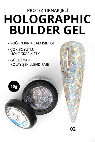 MOMO professional Holographic Builder Gel, Nail Art için Protez Tırnak Jeli No.02, Glitter Mavi Simli, 10 gr