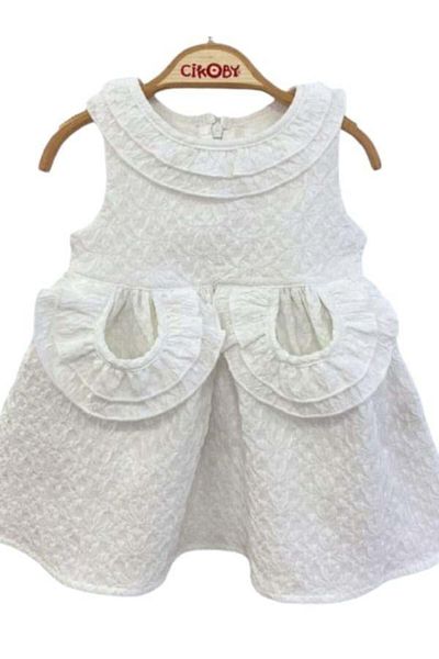 Çikoby White Ruffle Baby Girl Dress - Pocket Collar