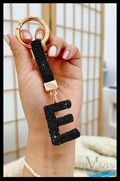 MAZEN E Harfi Siyah Taşlı Anahtarlık | Vıp Çanta Charmı | Şık Harf Detaylı Ak...