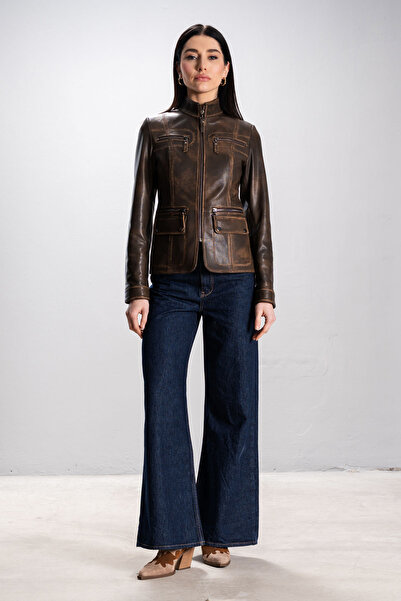 Dericlub DERİCLUB Sandra Kadın Dik Yaka Slimfit Gerçek Deri Ceket TABA