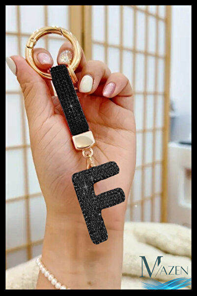 MAZEN سلسلة مفاتيح حجرية سوداء على شكل حرف F من سلسلة VIP - سحر الحقيبة