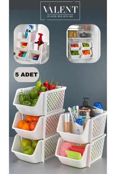 VALENT 5 Adet İstiflenebilir Düzenleyici, Dolap İçi, Lavabo Altı, Buzdolabı İçi Katlı Organizer BEYAZ