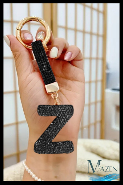 MAZEN سلسلة مفاتيح حجرية سوداء على شكل حرف Z من سلسلة VIP - سحر الحقيبة